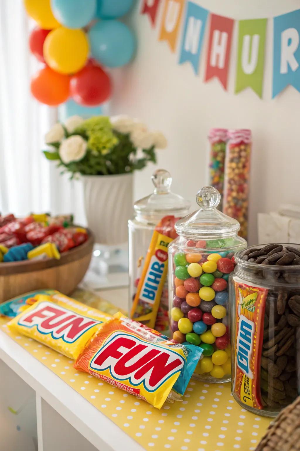 A playful candy bar complete with fun and quirky labels.