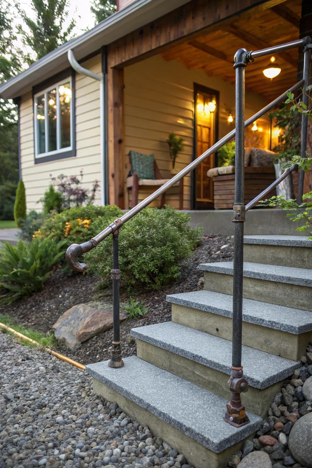 DIY pipe railings introduce an industrial accent to outdoor steps.