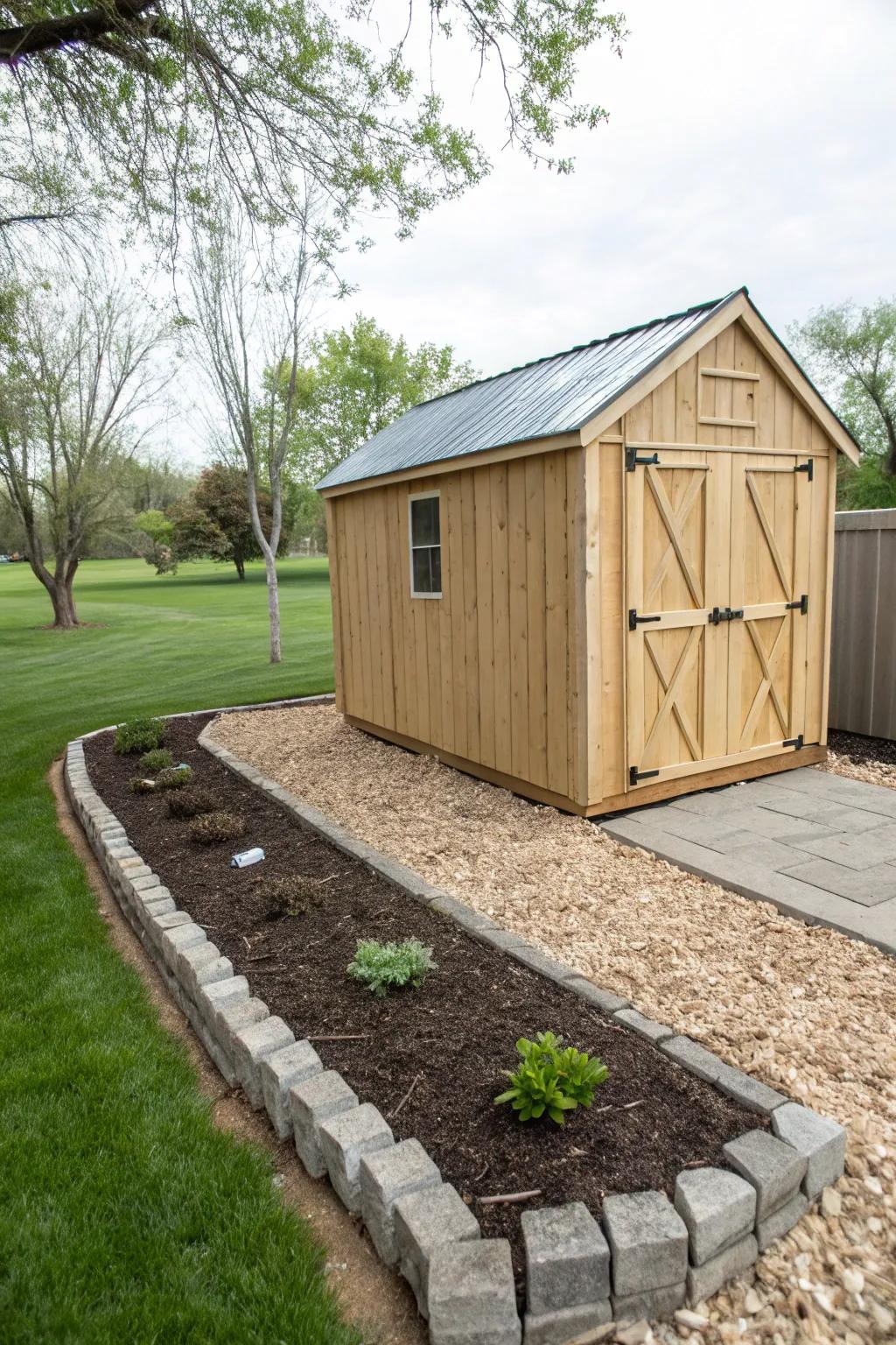 Mulch or gravel provides a neat and low-maintenance border for your shed.