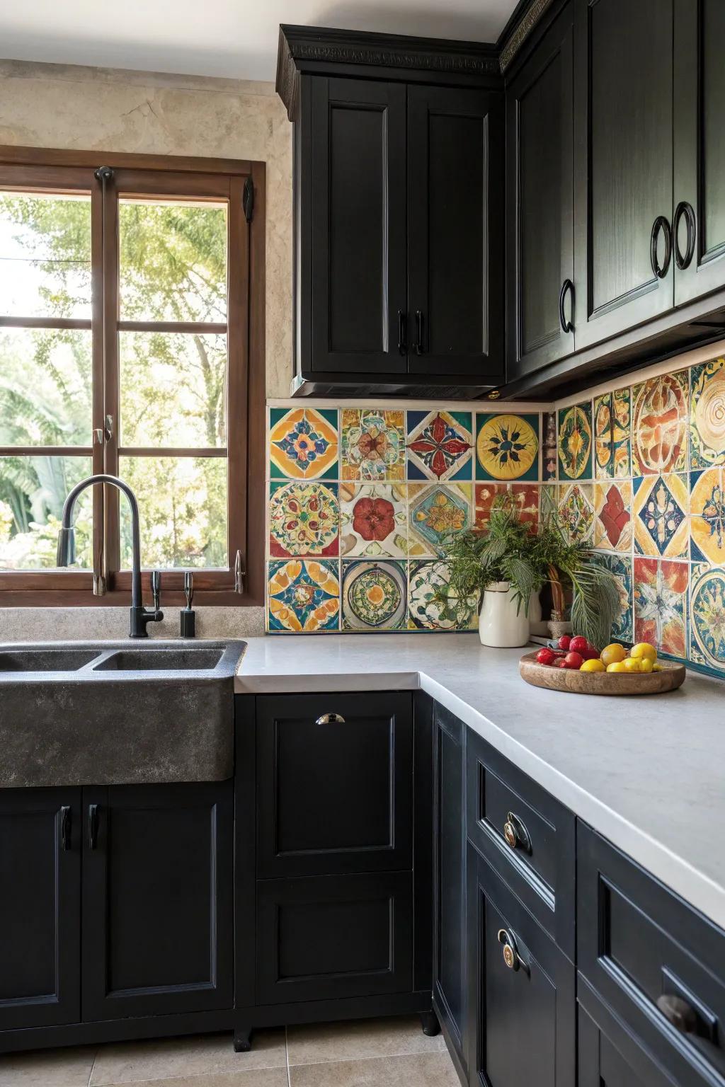 Bold color contrasts bring drama to the kitchen.