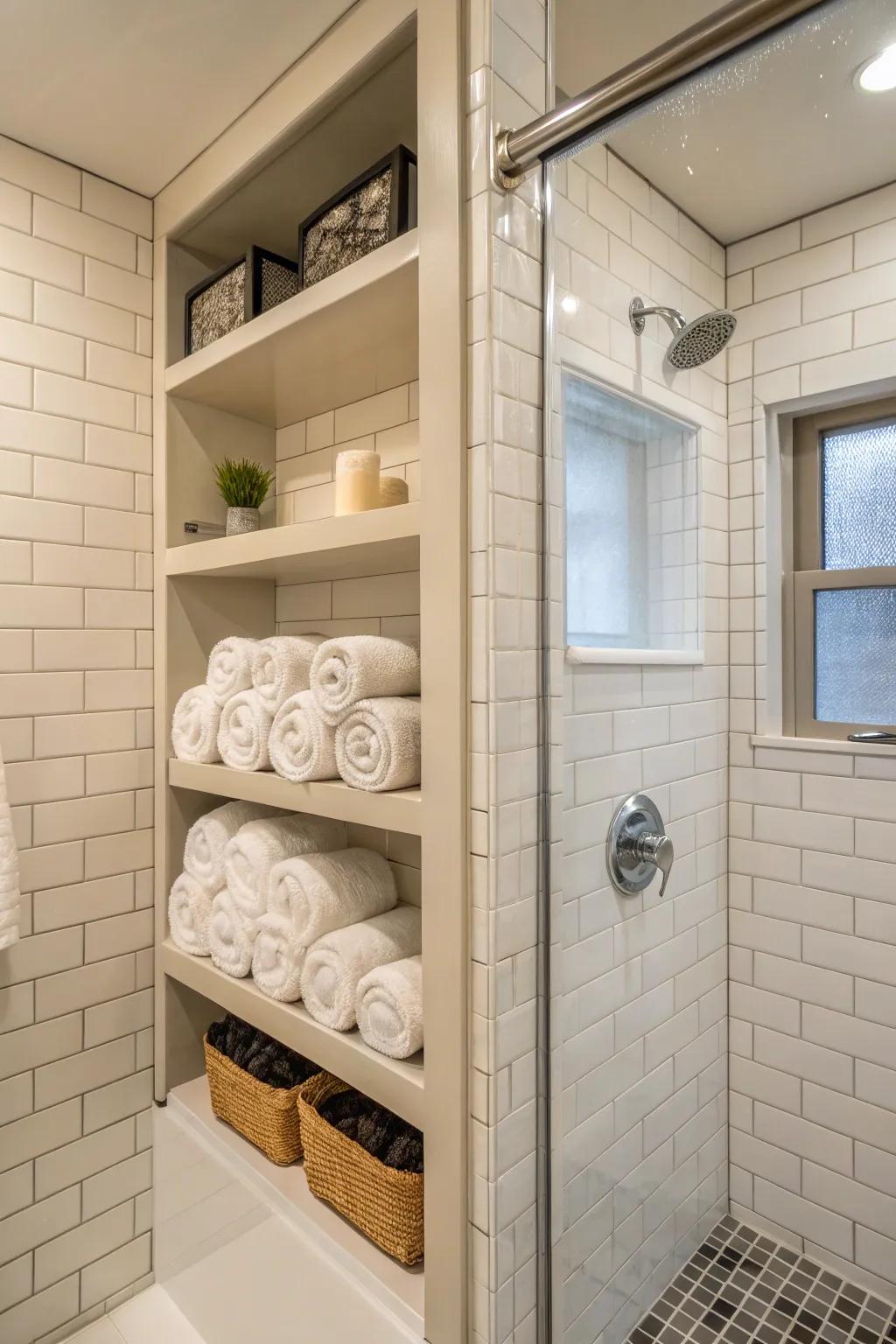 In-wall shelves offer subtle and functional towel storage.