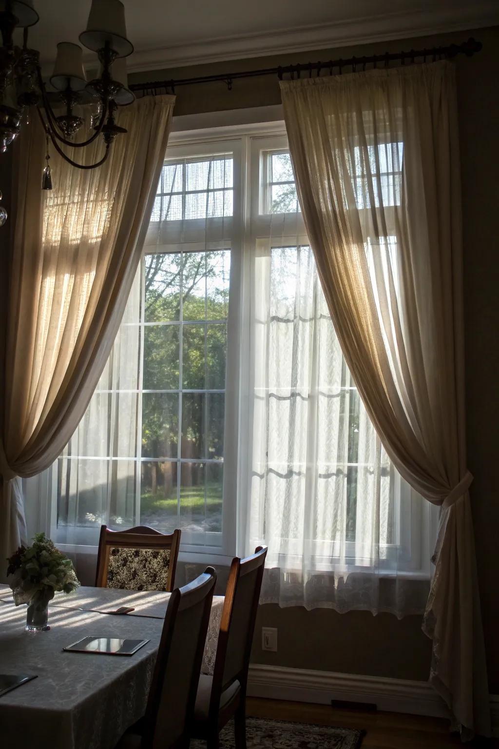 Layered curtains offer depth and versatility in managing light.