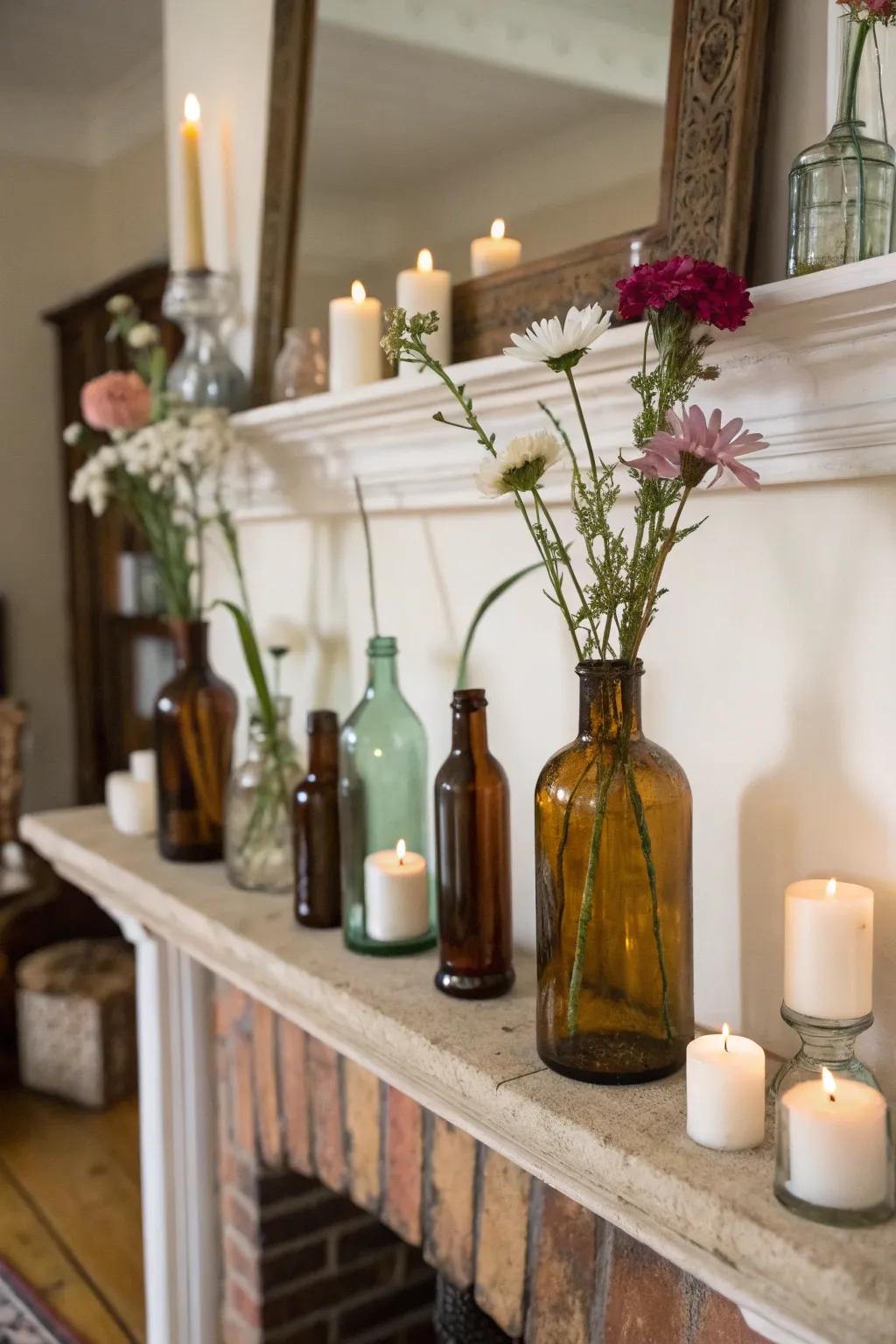 Re-purposed glass containers carry appeal and uniqueness to a flower show.