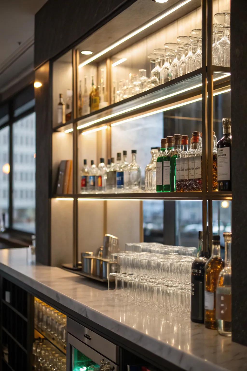 Open shelves in a small wet bar displaying glassware and bottles.