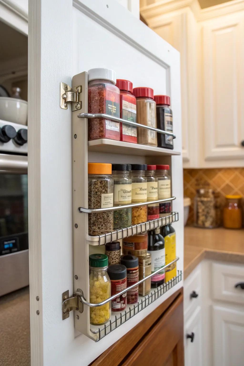 Spice rack attached to cabinet door for smart storage.