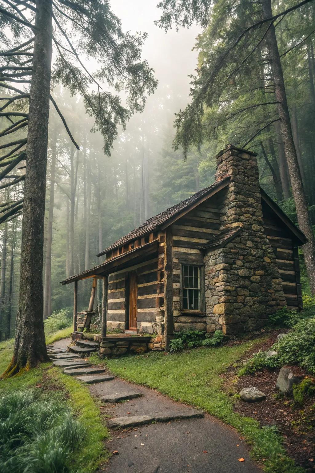 A cozy cabin aesthetic achieved with stone and wood siding.