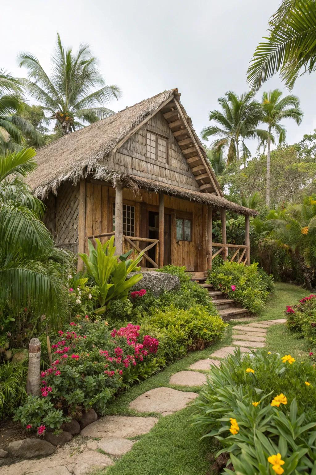 A house constructed from earth-friendly materials, harmonizing with the natural world.
