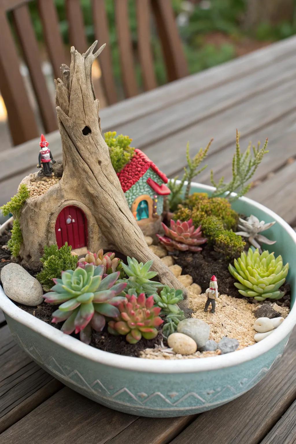 An enchanting miniature landscape within a succulent setup.