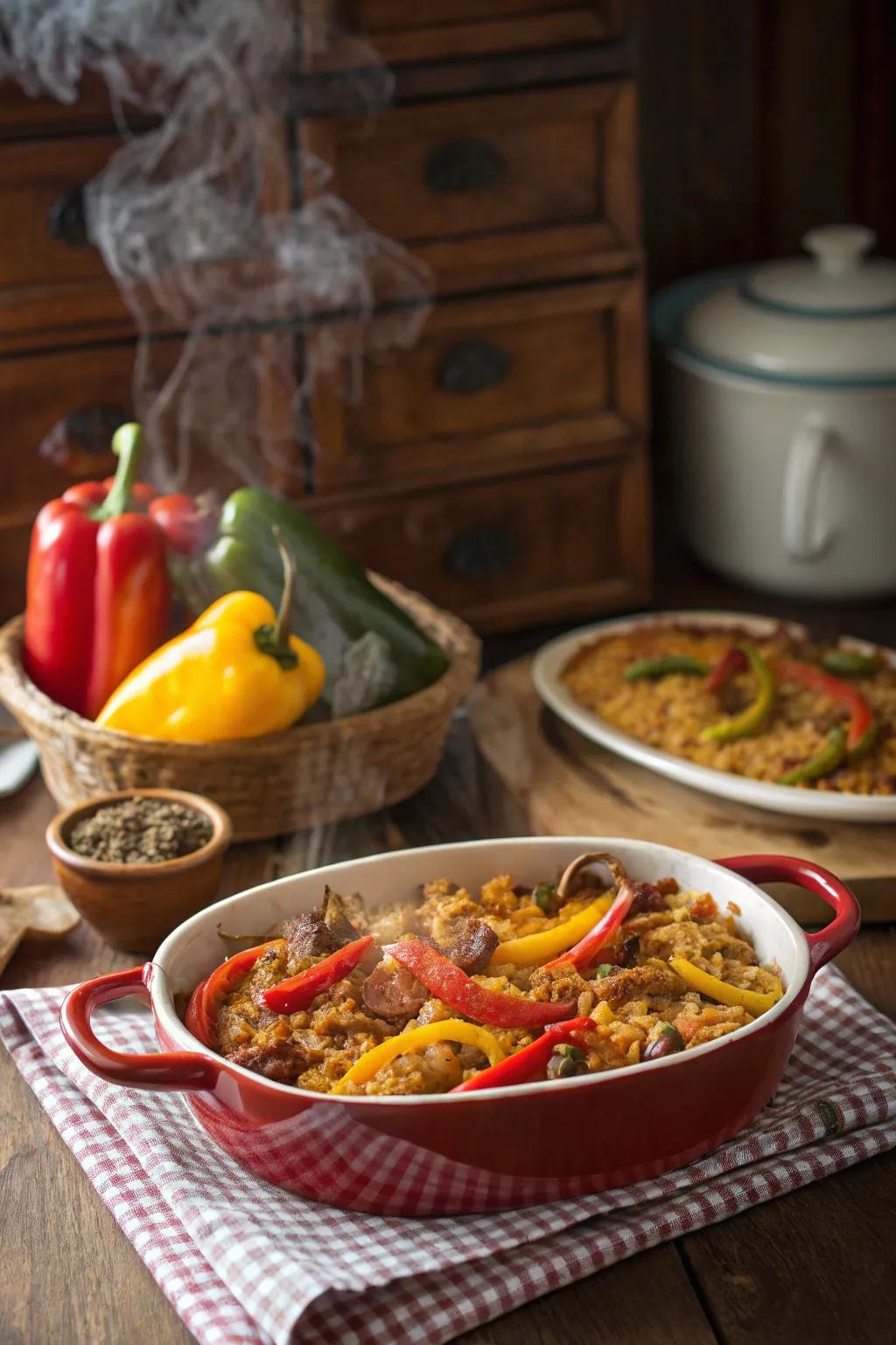 Spicy chorizo and rice bake for a fiery Sunday treat.