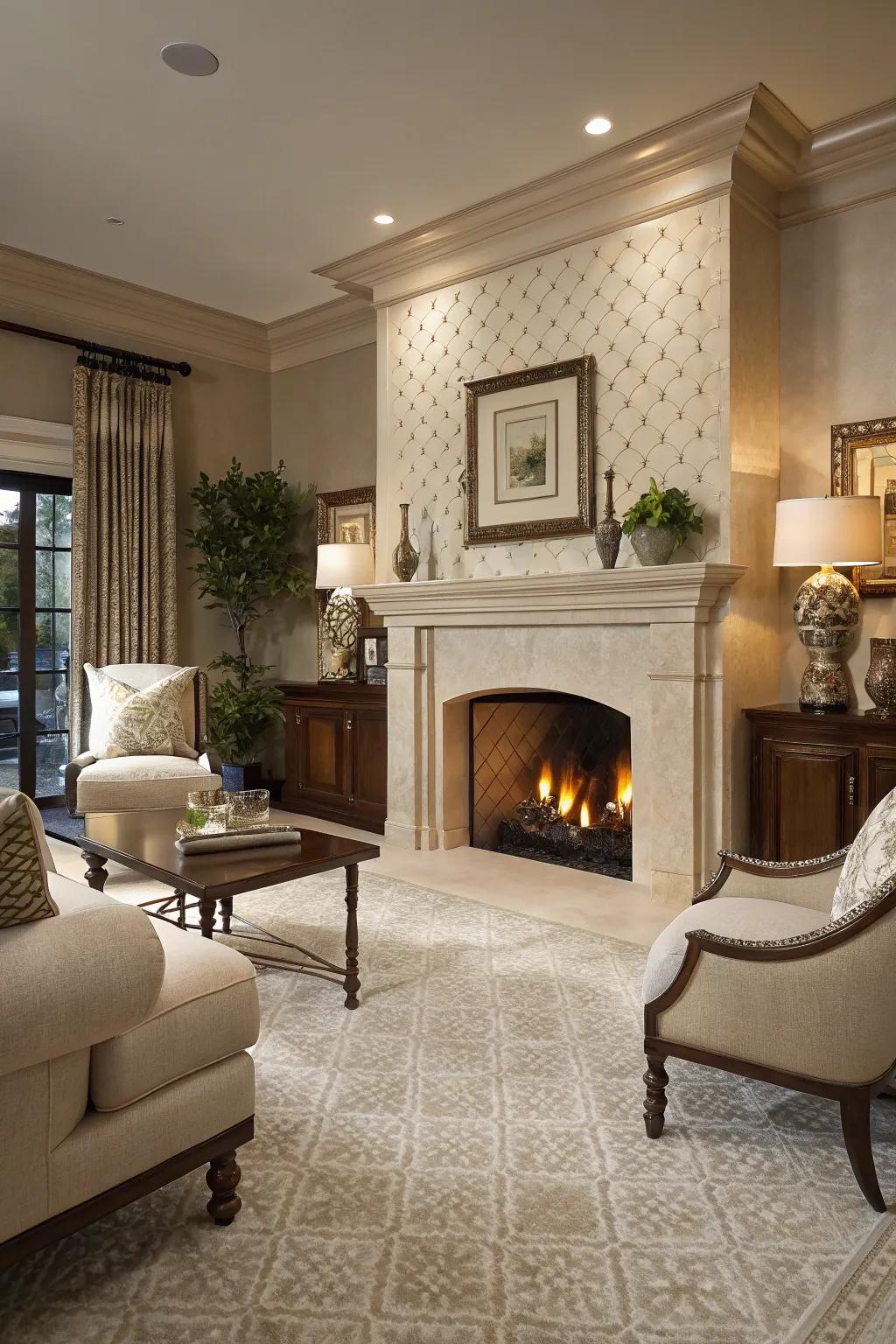 Neutral tiles offer a timeless elegance in this sophisticated living room.