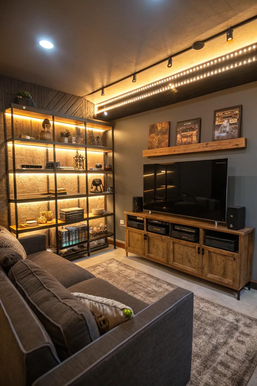 LED lighting adds warmth and atmosphere to a small man cave.