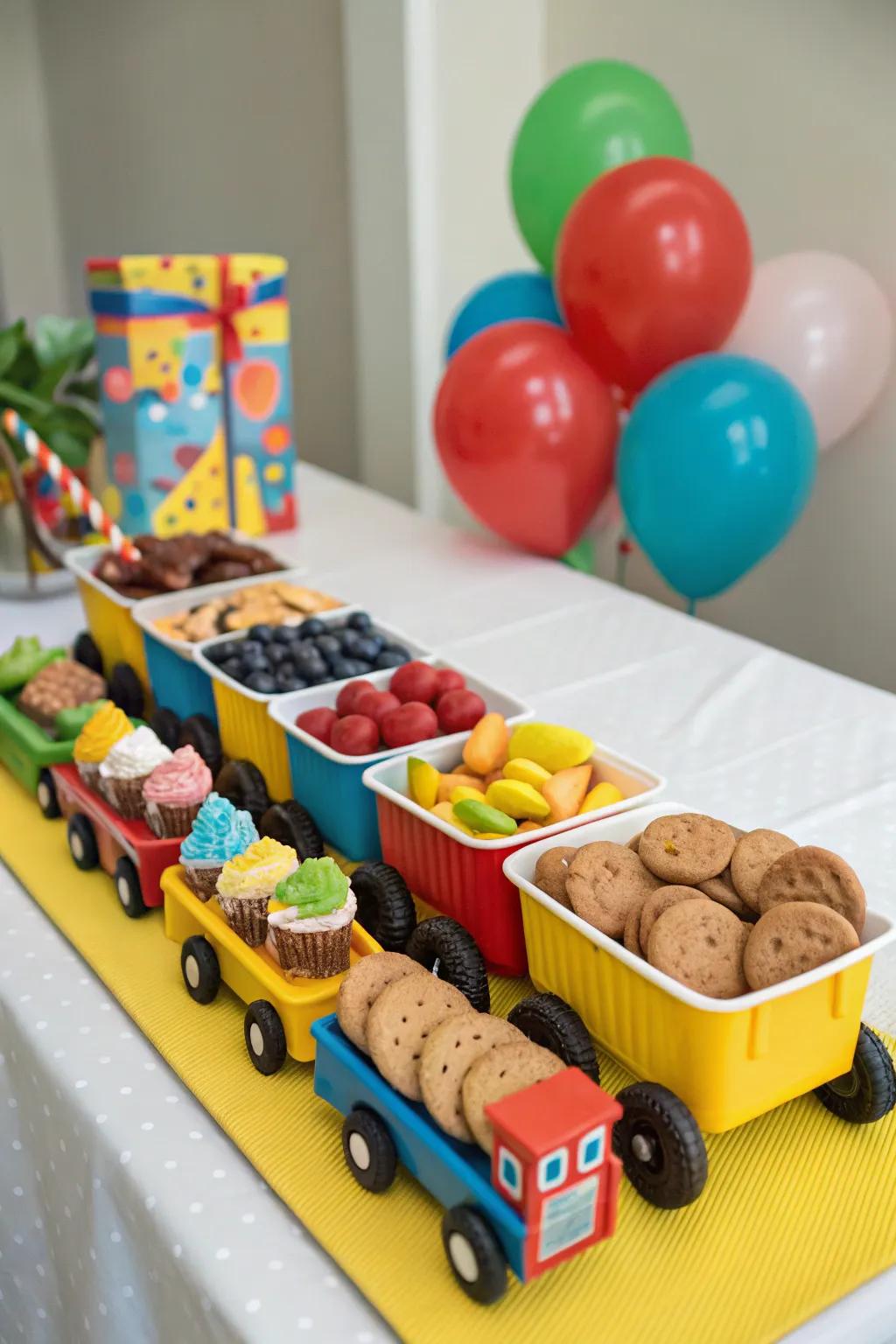 A snack train filled with delicious treats for guests to enjoy.