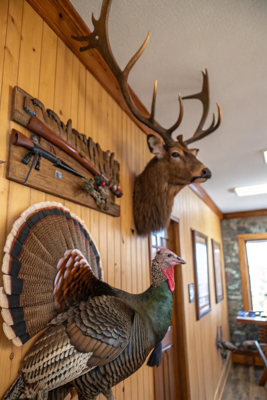 An impressive trophy wall featuring both turkey and deer mounts.