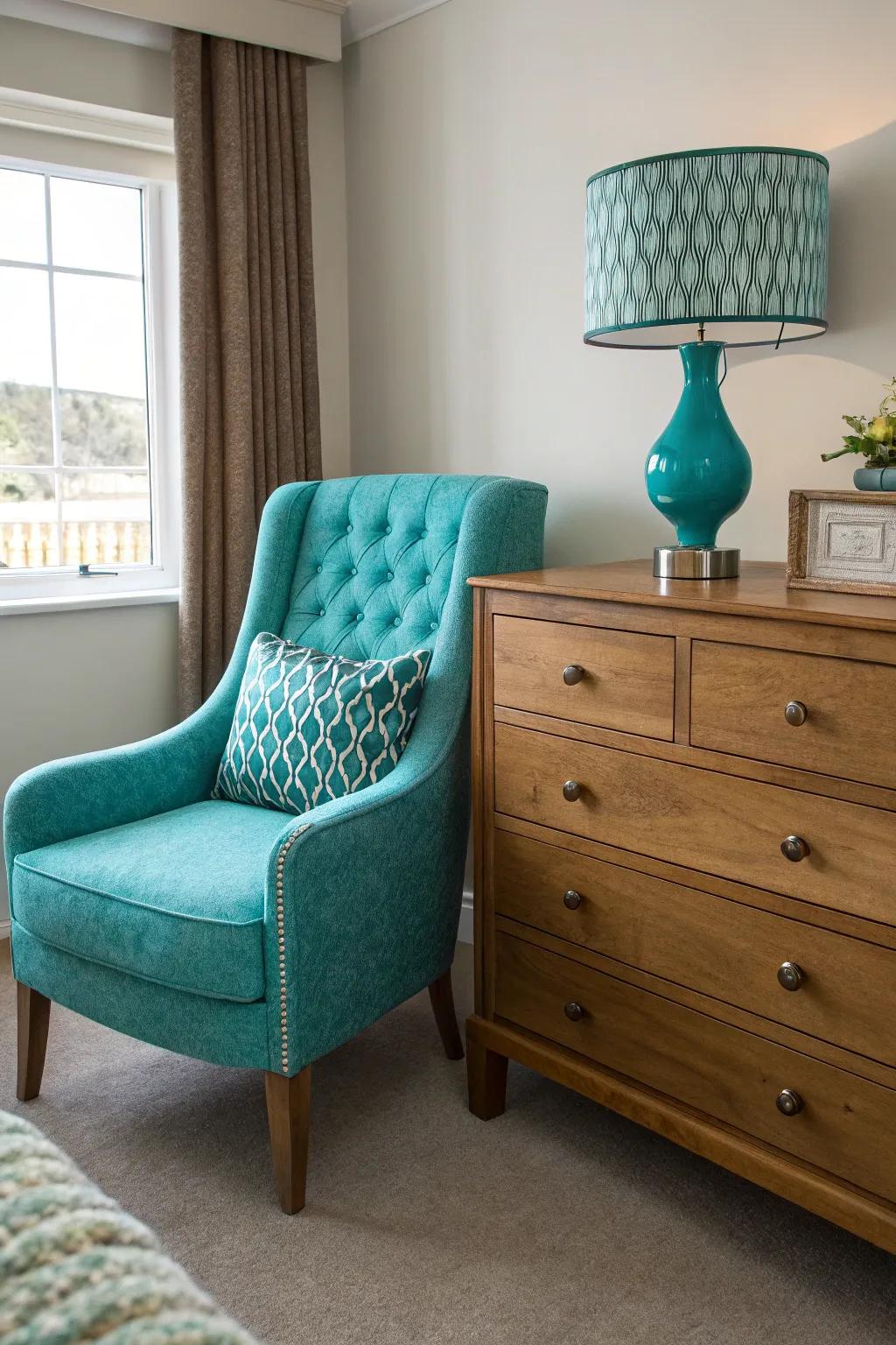 A turquoise chair gives a striking accent to this stylish bedroom.