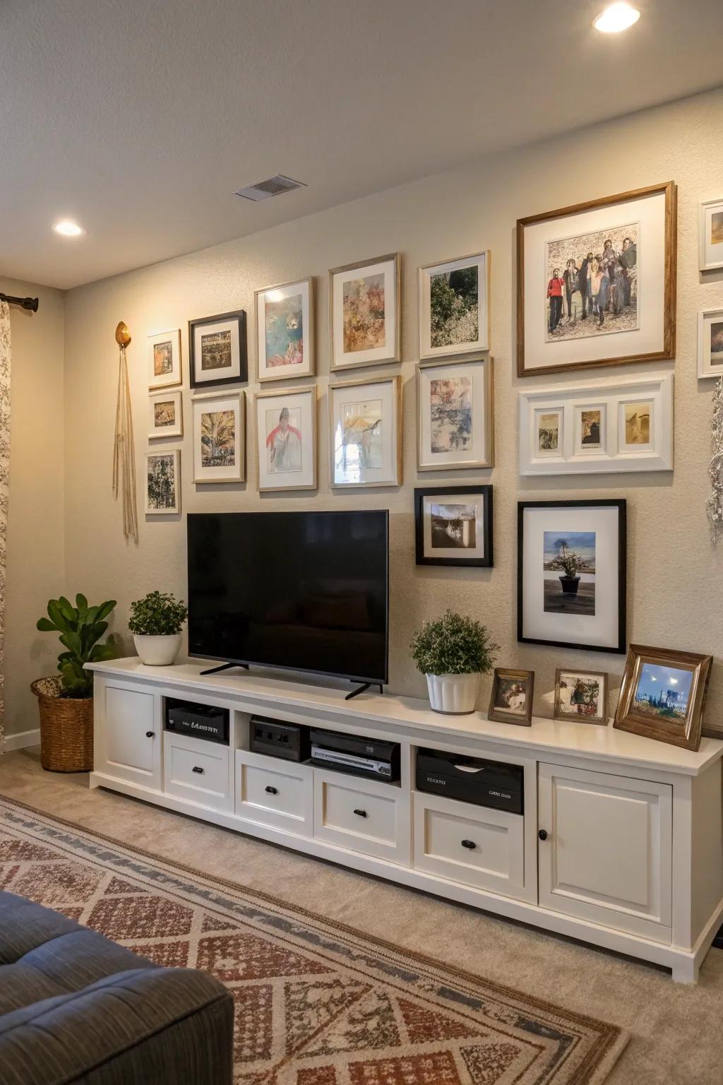 A gallery wall turns the TV into a part of the art collection in this stylish living space.