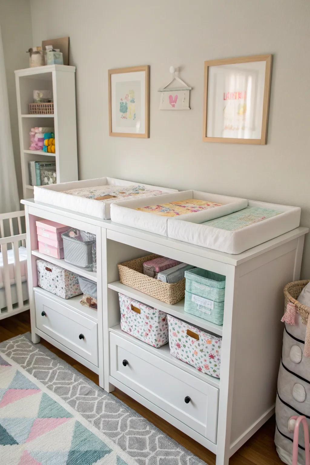 Dual-function furniture keeps the nursery organized and efficient.