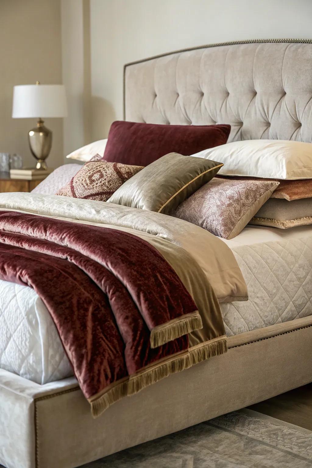 Layered bedding creates a rich texture against an upholstered backdrop.