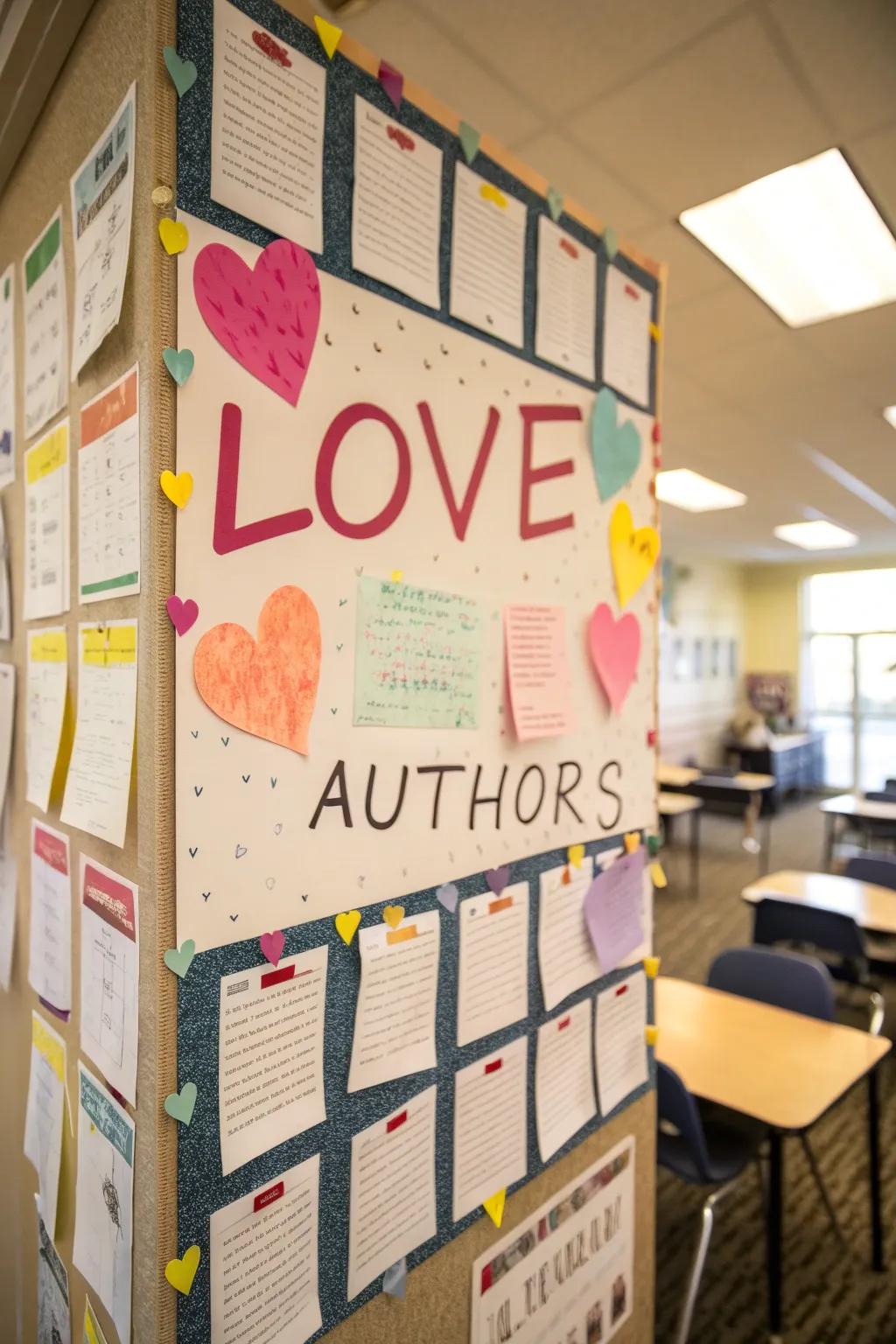 A bulletin board showcasing inspiring love quotes from various sources.