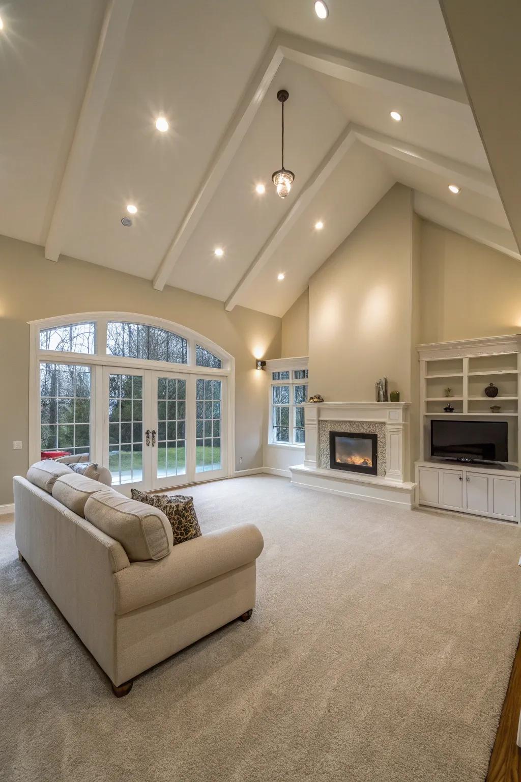 Recessed lighting offers a sleek and subtle solution for vaulted ceilings.