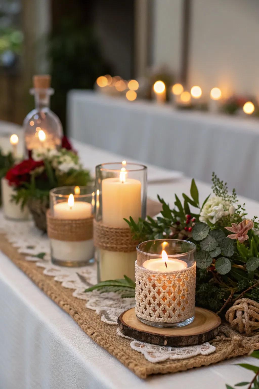 Varying candle heights add dynamic appeal to your centerpiece.