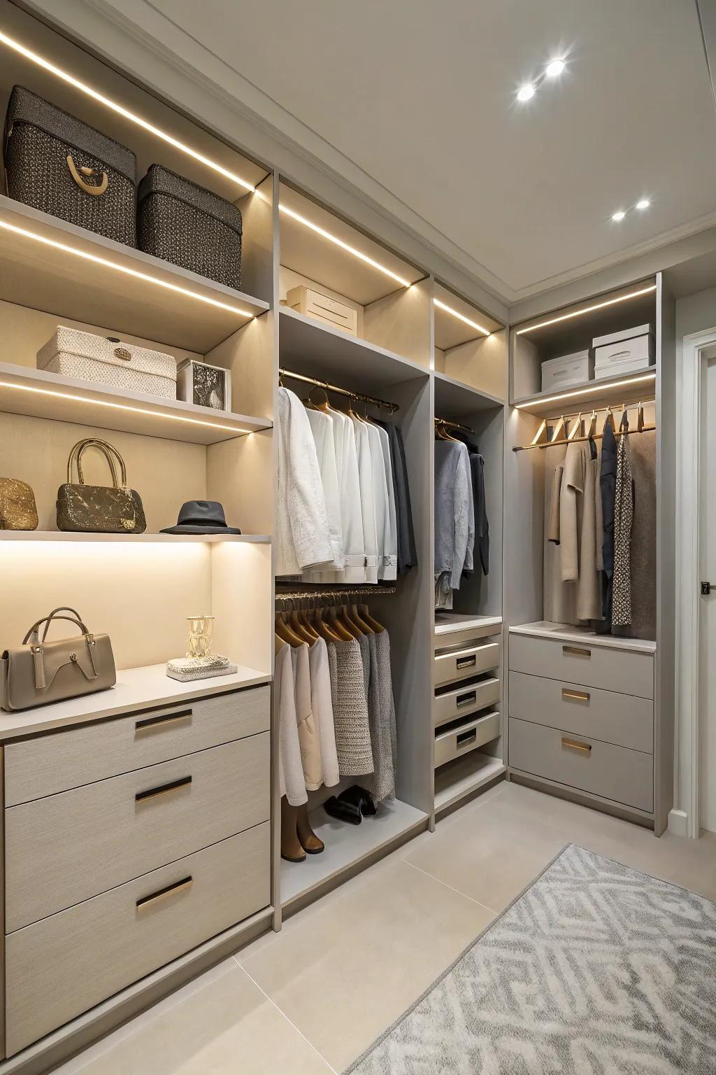 Soft tones establish a relaxed and roomy atmosphere in the closet.