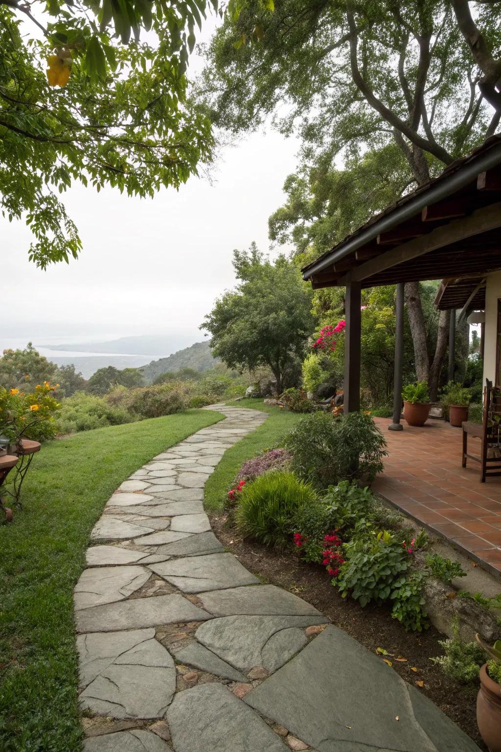 A stone pathway adds a rustic touch to the patio entrance.