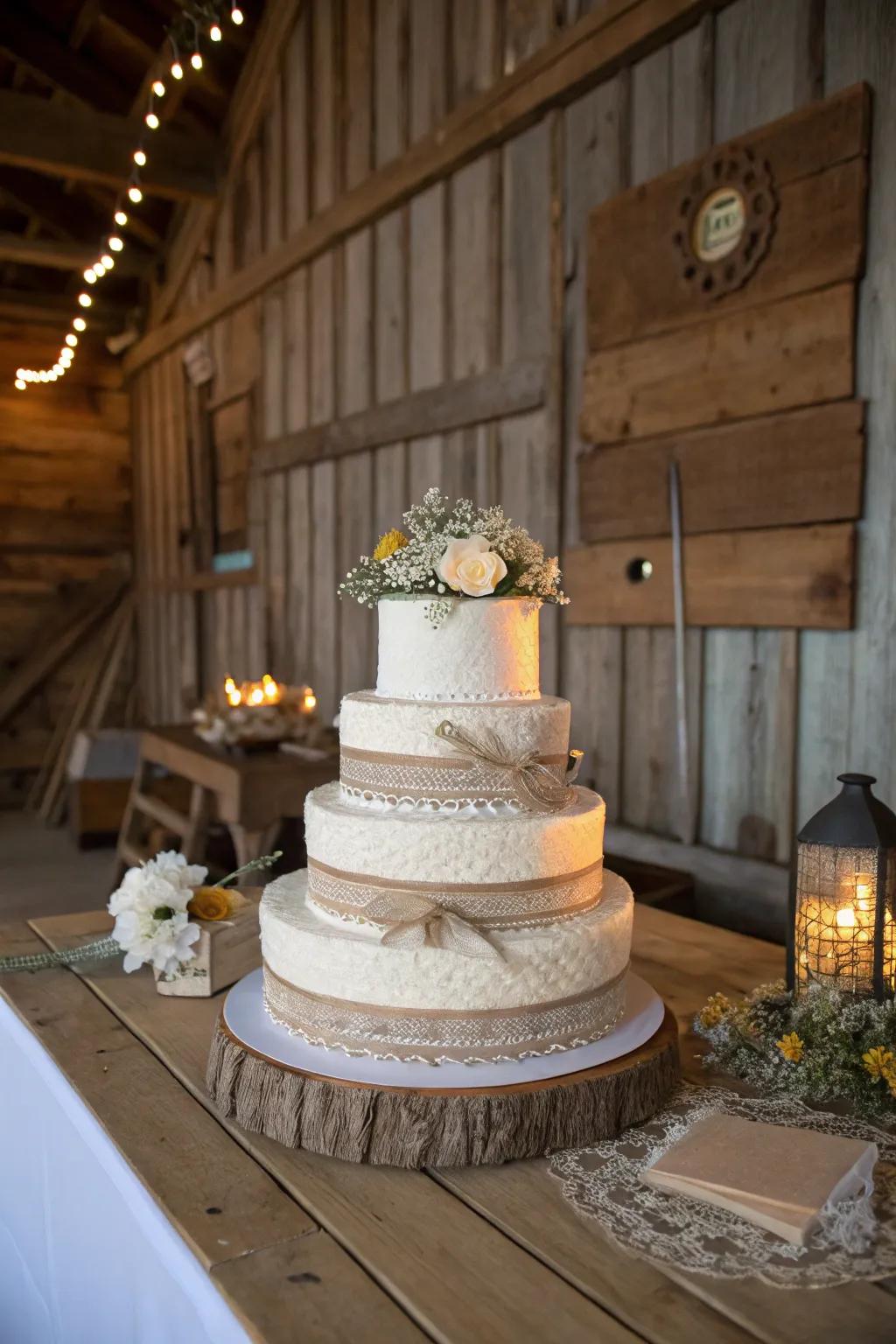 Cake wrapped in lace and burlap for a country feel.