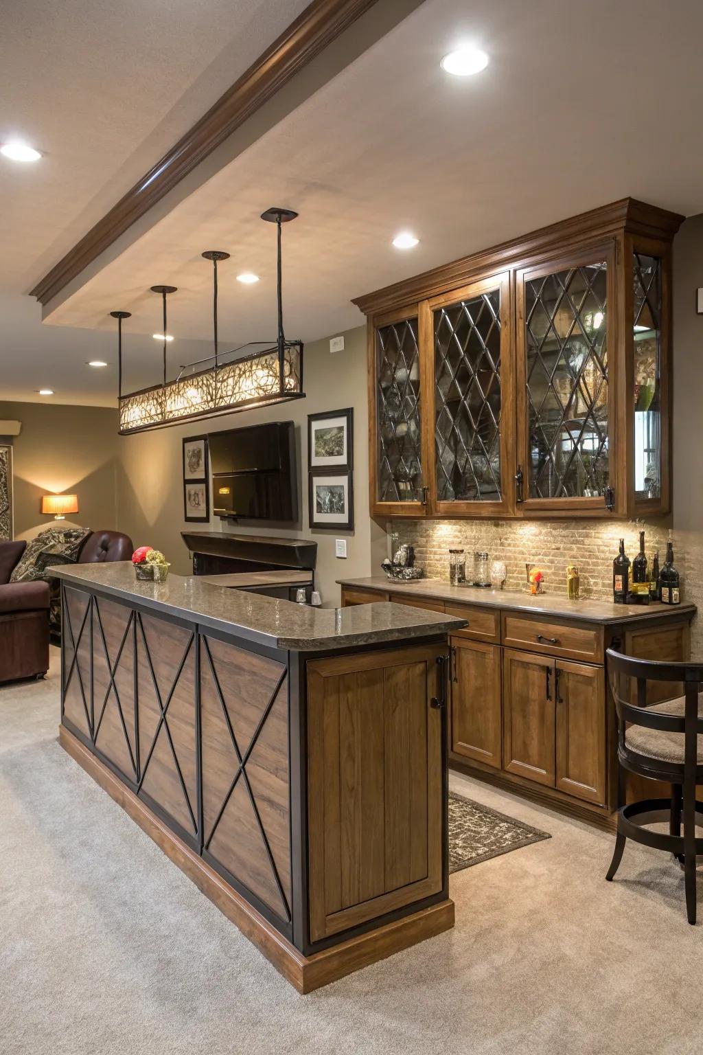 Mix materials to achieve a lively personal bar design.