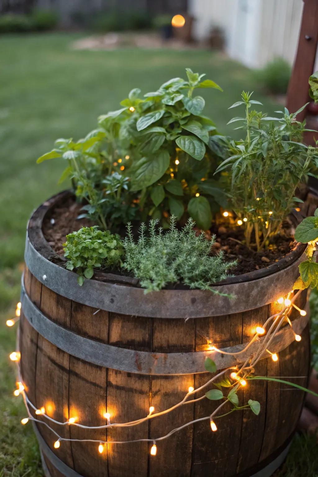 A tempting seasoning botanical space lit up with strand lights for twilight ambiance.