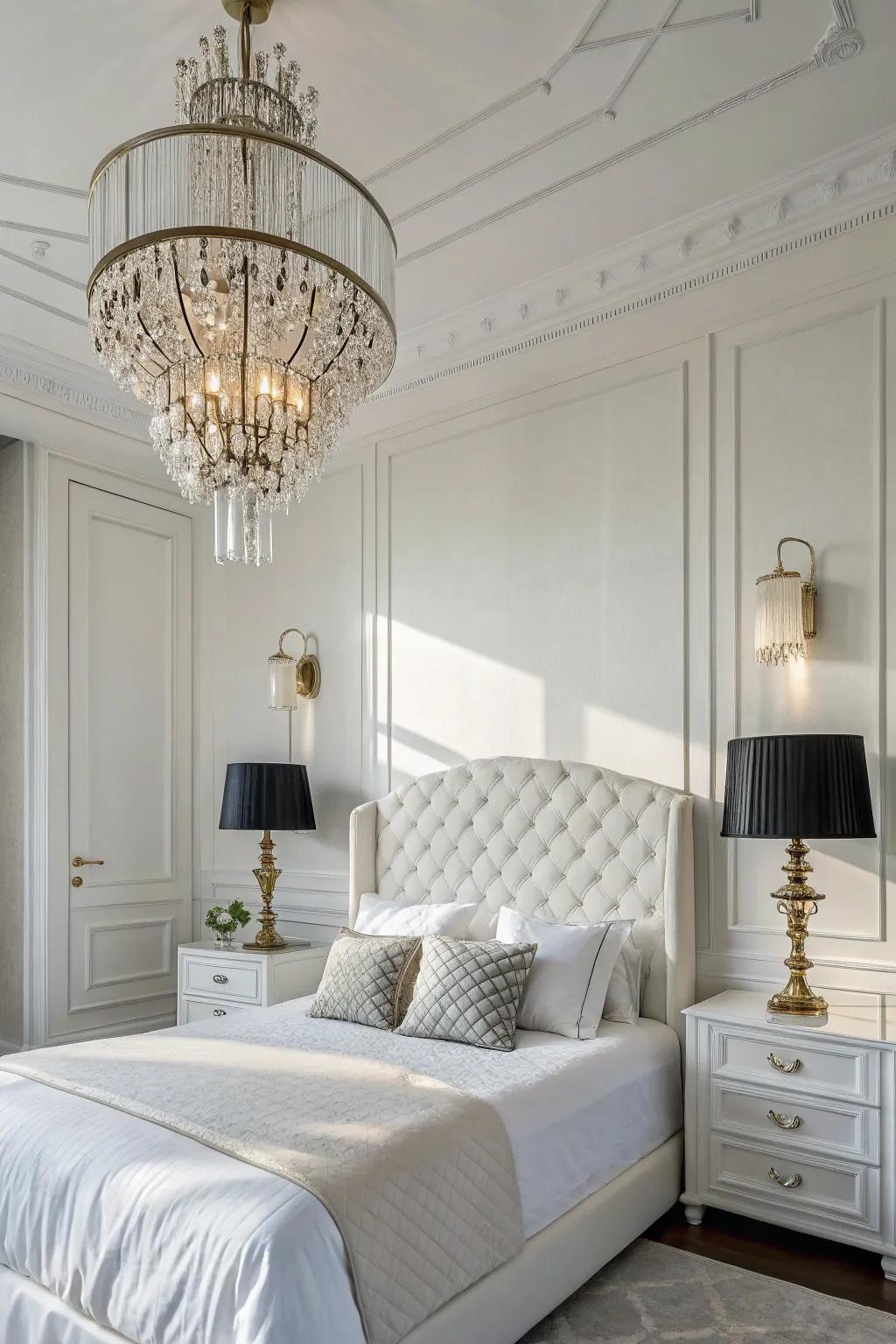 Chic lighting fixtures elevate the atmosphere of a white bedroom.