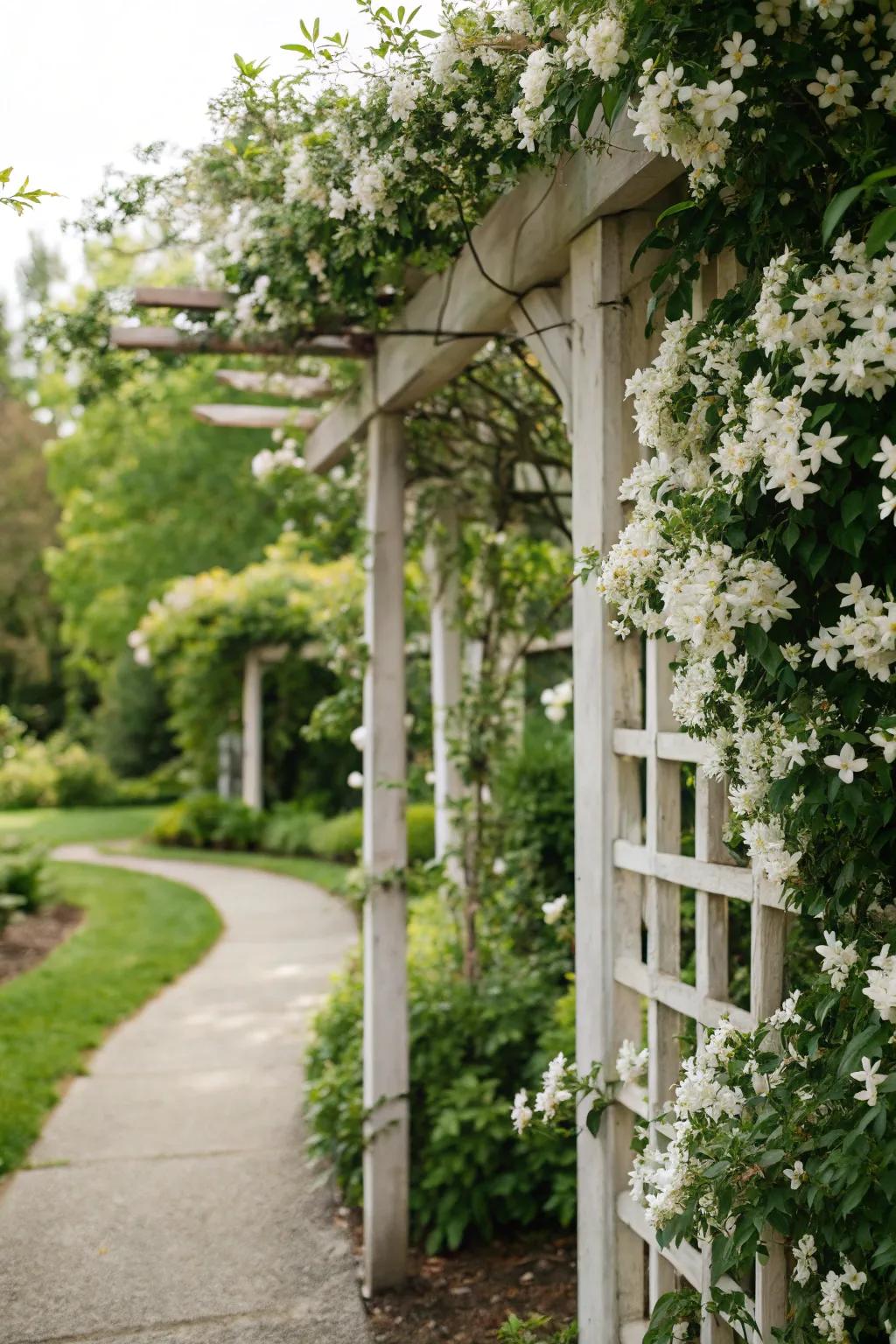 White jasmine on a trellis infuses the garden with sweet fragrance.