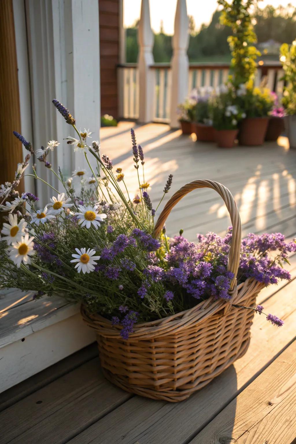 A wicker basket filled with wildflowers adds a touch of countryside charm to any space.