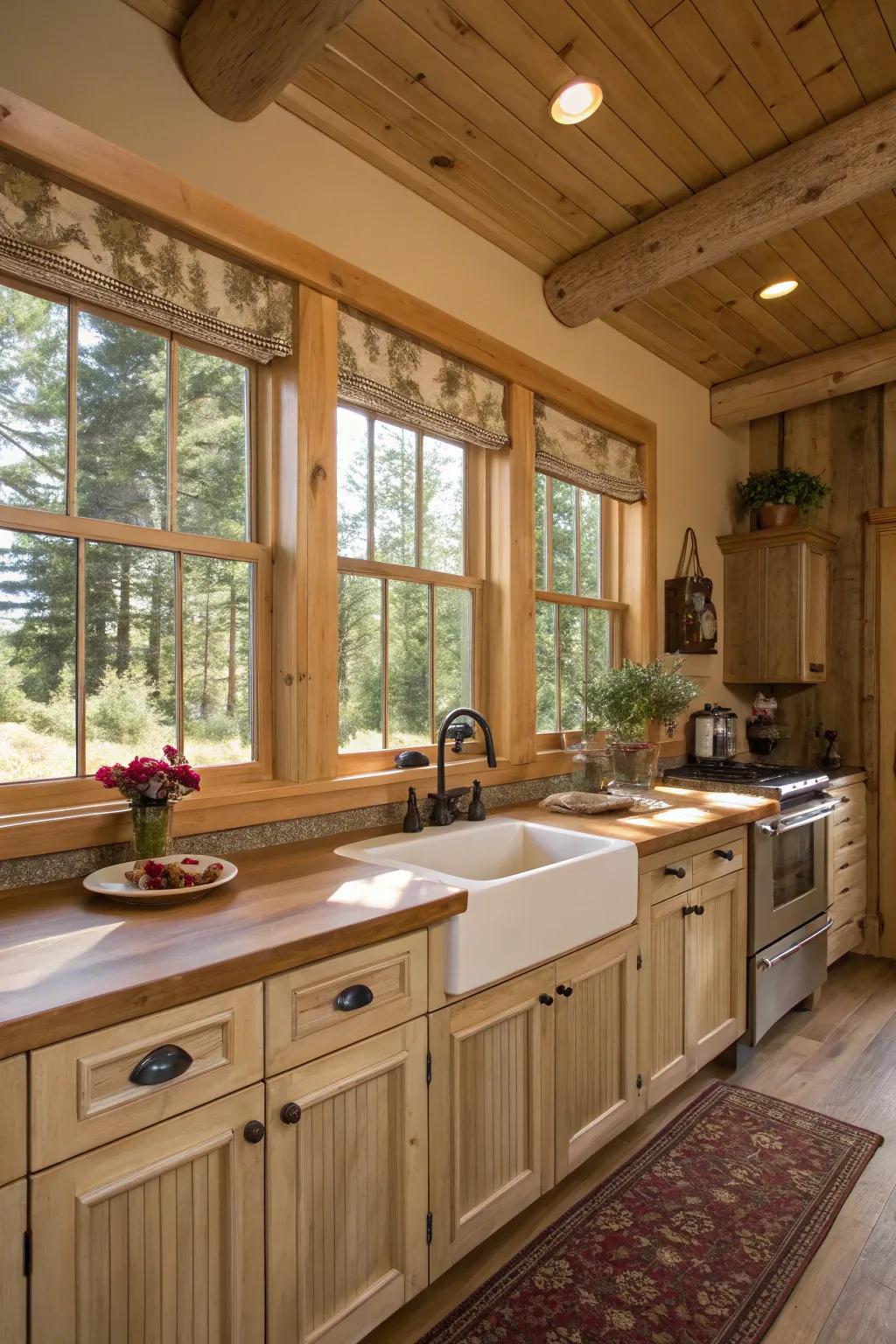 Beige window trim complements a rustic kitchen setting.