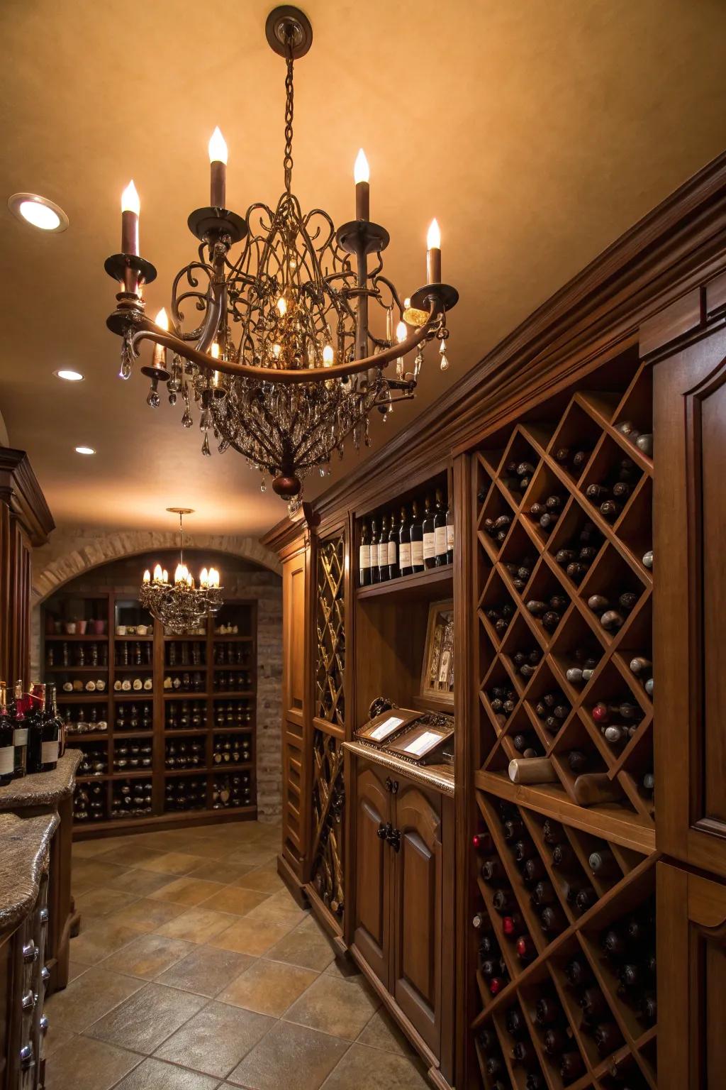 A stunning chandelier brings elegance and charm to the wine room.