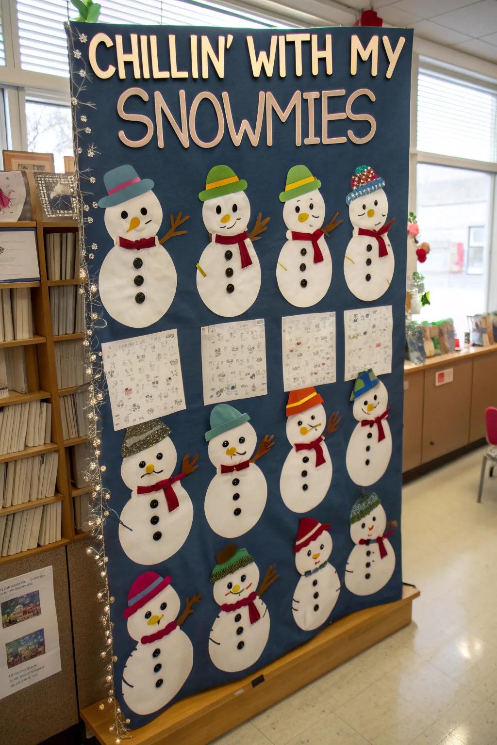 Customized snowmen render this board both amusing and touching.
