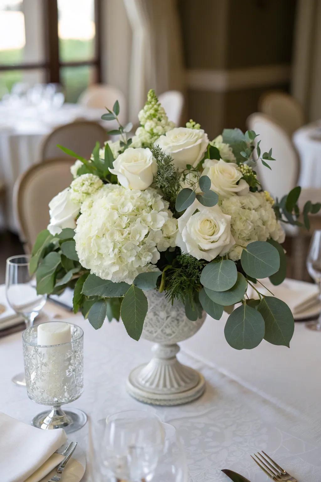 A white floral arrangement exudes timeless winter elegance.