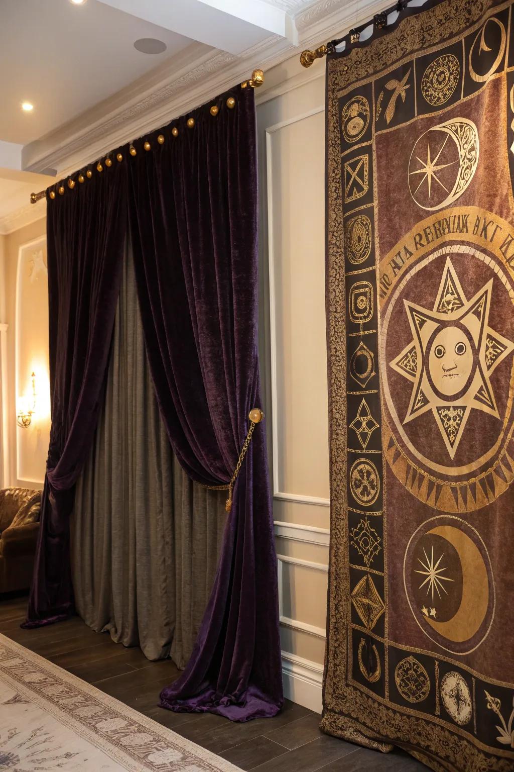 Luxurious textiles add warmth and depth to your witch-themed decor.