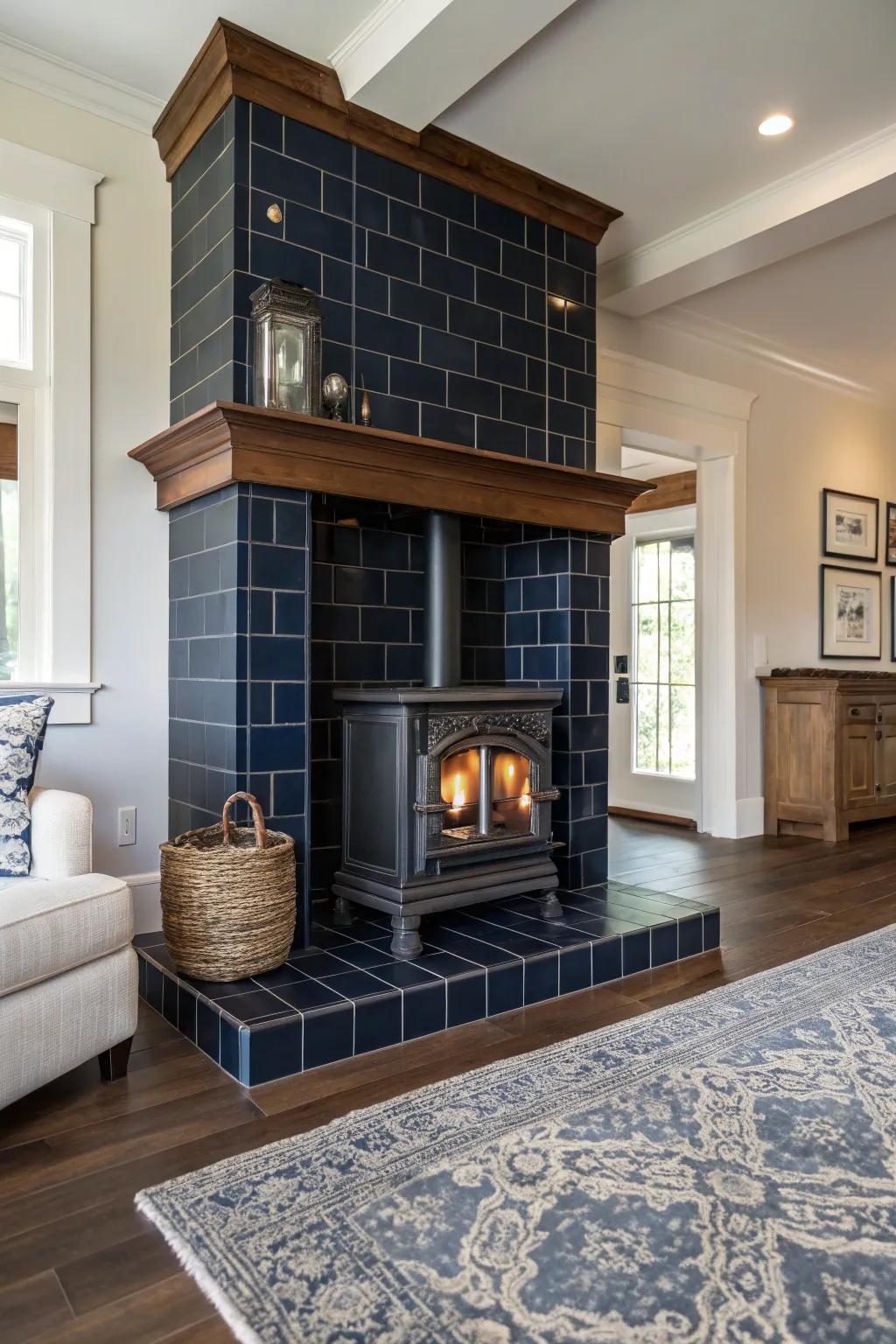 Dark tiles provide a bold and elegant backdrop for your wood stove.