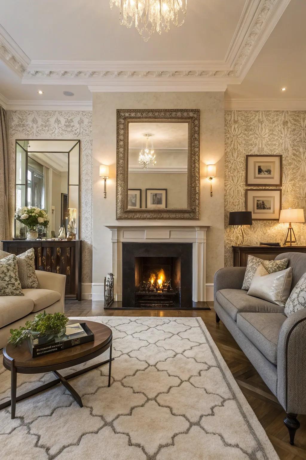 The bold mirror enhances light and maximizes space in the room.