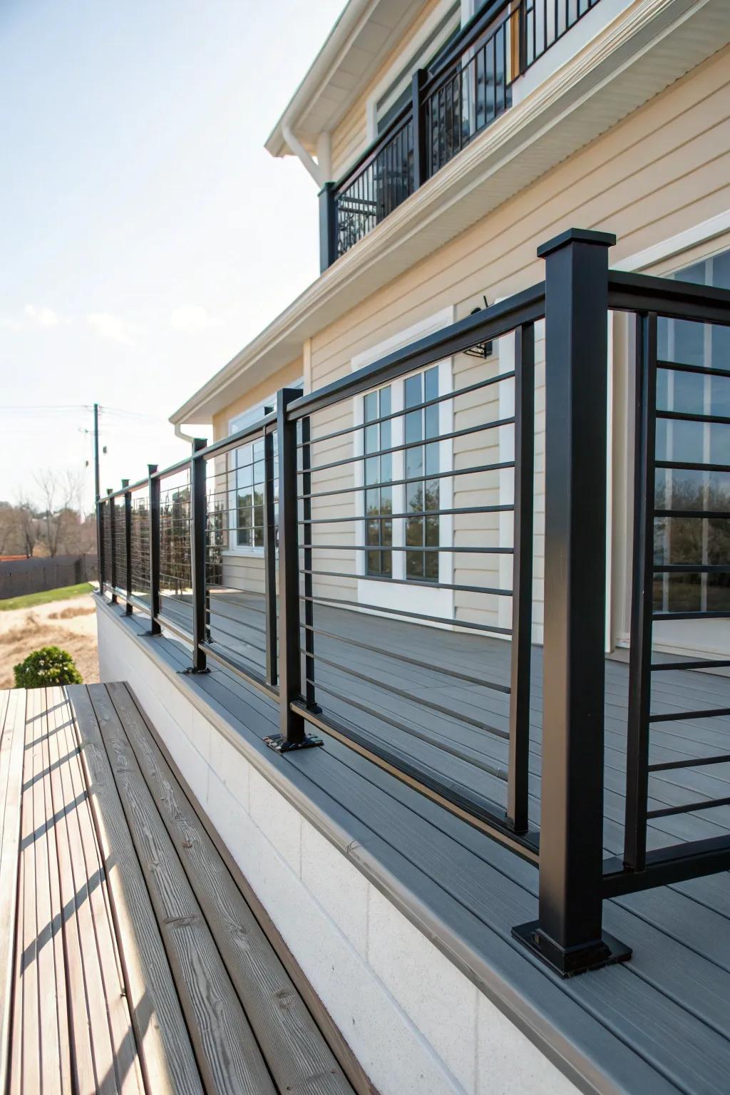 Striking black aluminum railings creating a dramatic outdoor look.