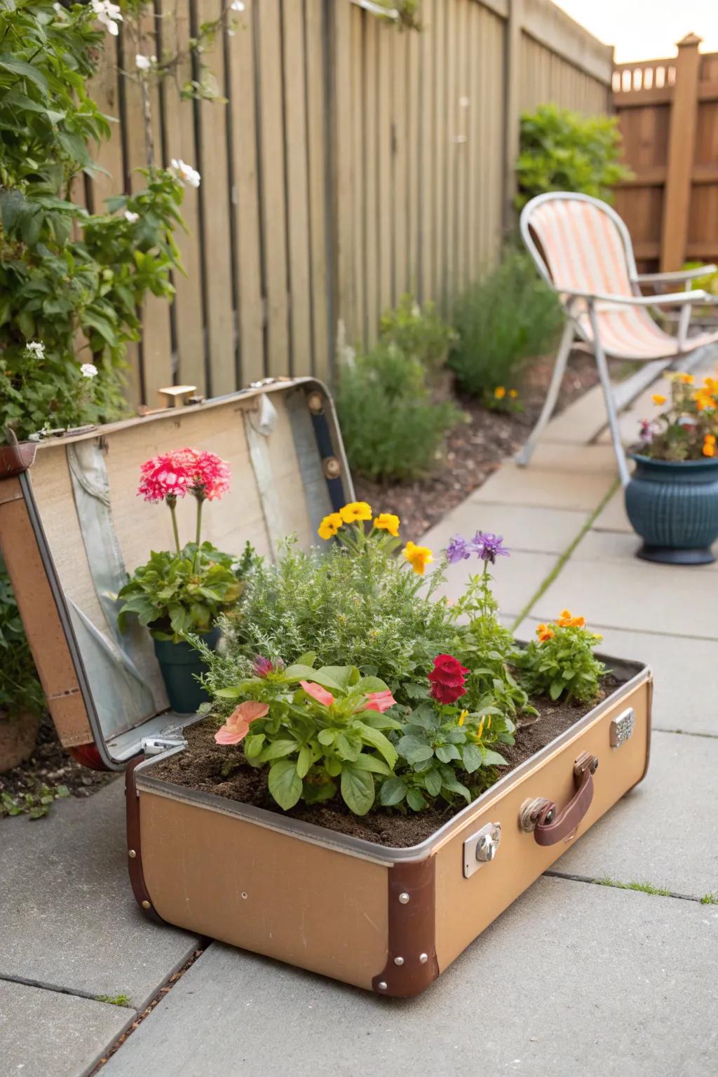 Upcycled planters add charm and sustainability to your outdoor space.