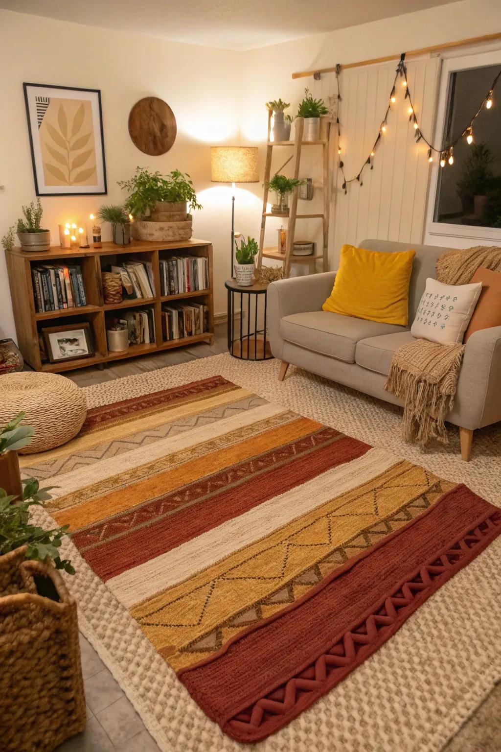 Layered rugs define and warm up a compact living room.