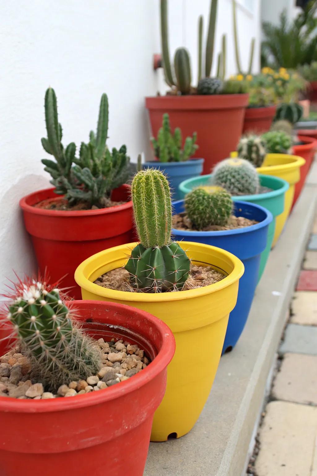 Add personality to your cactus garden with colorful, decorative pots.