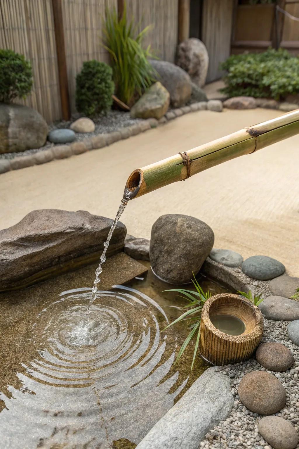 A peaceful Zen garden with a bamboo fountain.