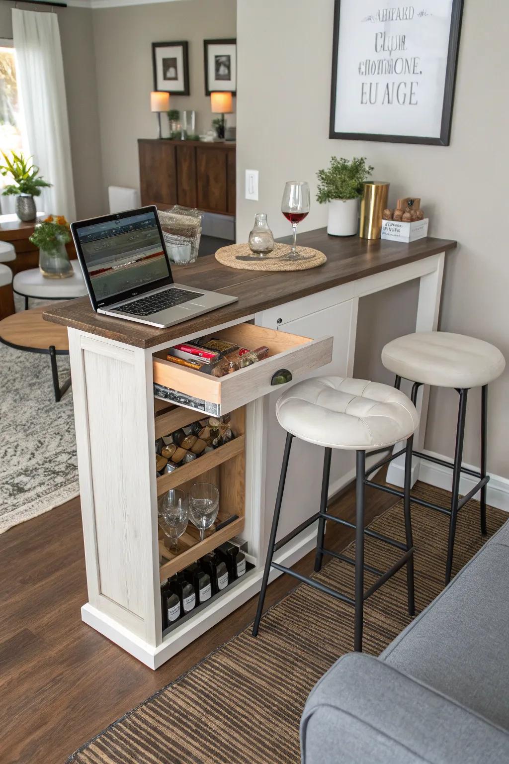 A practical and stylish convertible console table bar.