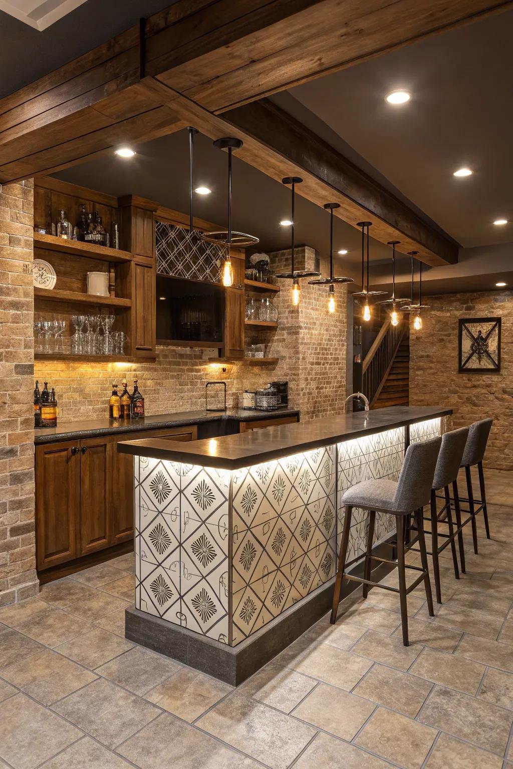 A unique backsplash adds character to your basement bar.