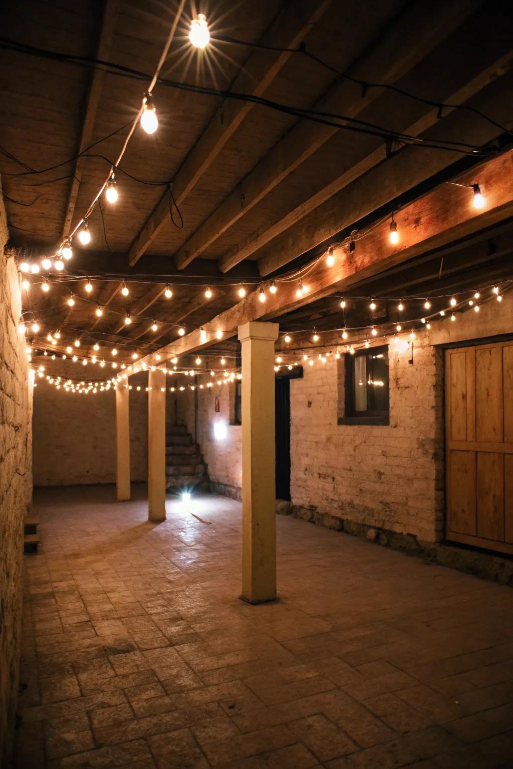 String lights add a touch of magic to your basement.