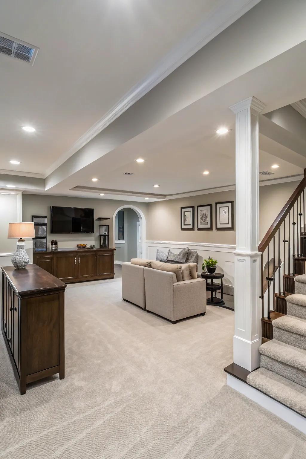 A sleek and sophisticated basement design.