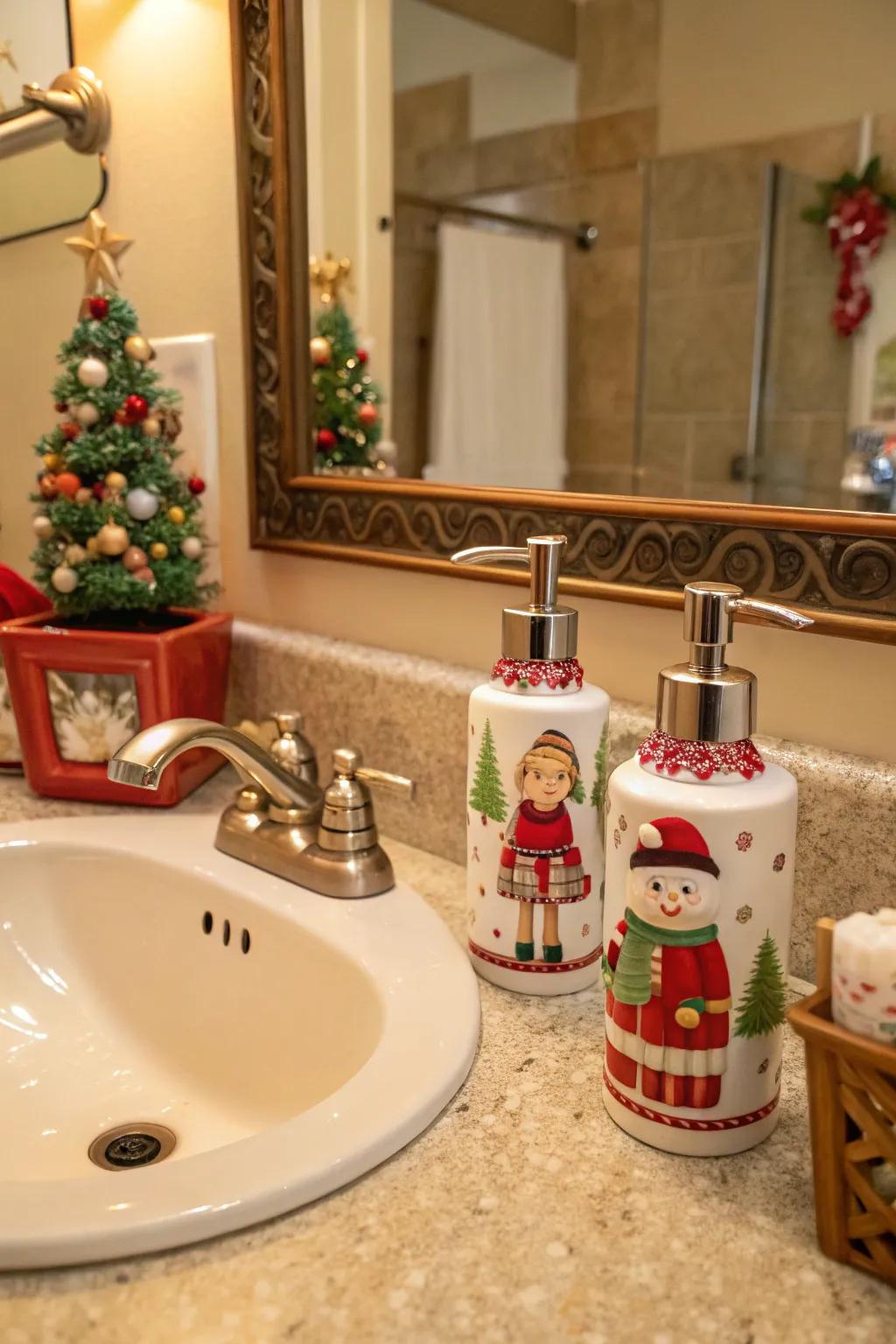 Seasonal accessories like soap dispensers add a fun holiday touch.