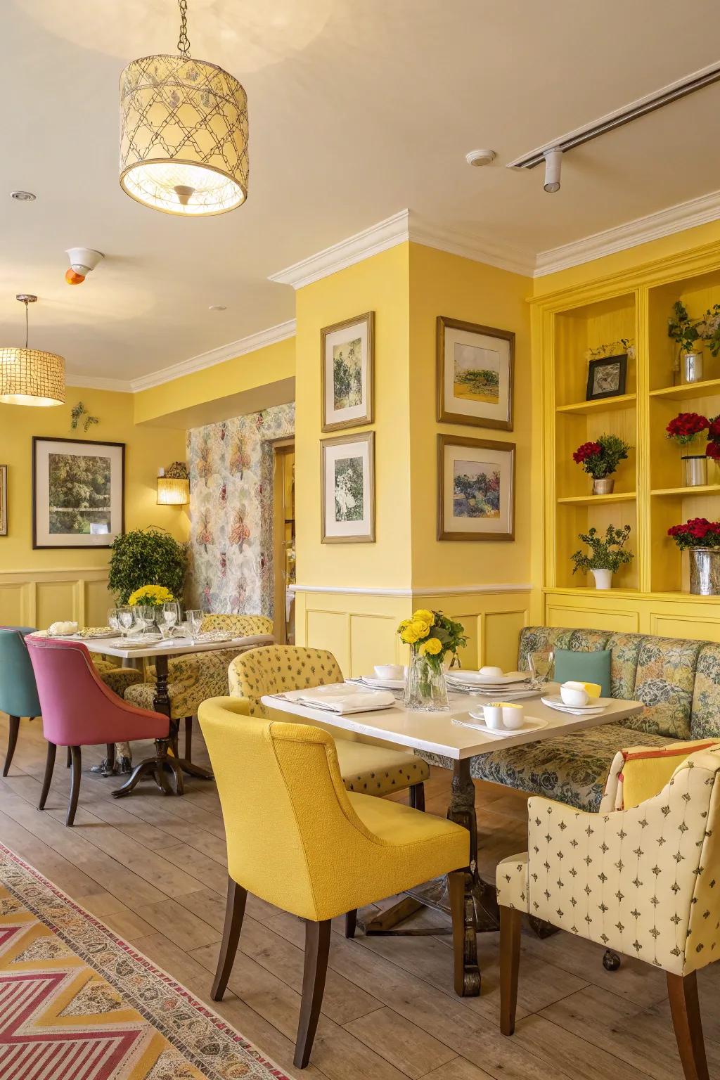 Yellow accents add a joyful burst of color to dining rooms.